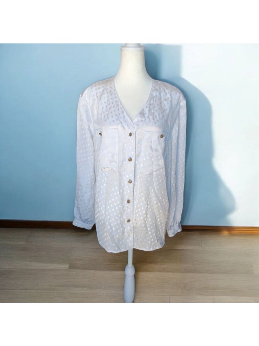 Vtg Gianna Button Up Blouse Long Sleeve White Polka Dot White with Pockets 12